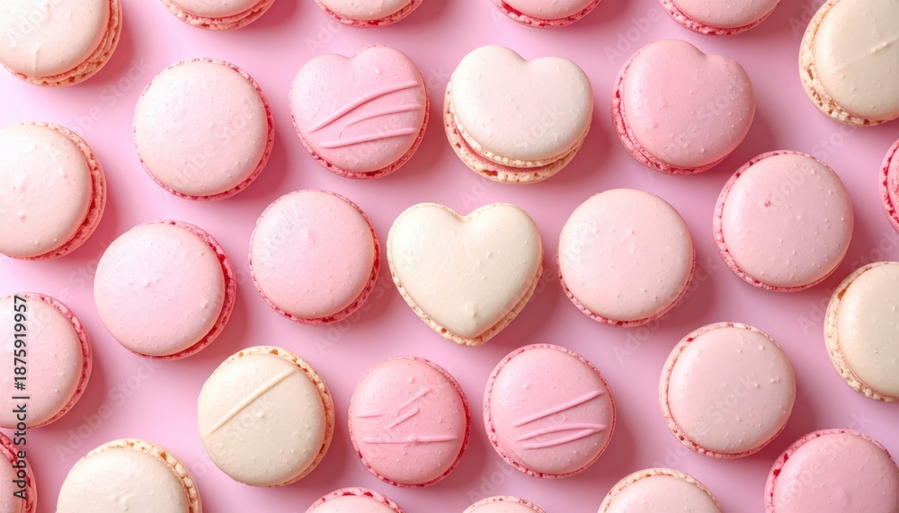 Obraz premium Pink background with macaros and macaron macarons on light pink background stock.