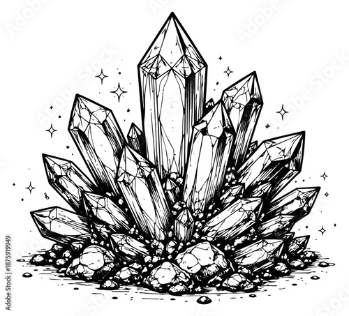Hand drawn line art illustration of a crystal cluster depicting sparkling magic for fantasy designs