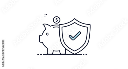 Financial security and savings protection icon showing a piggy bank and a dollar coin behind a shield with a checkmark symbol for safety.