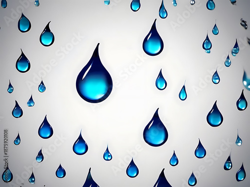 Abstract blue water drops falling like rain against a clean white background