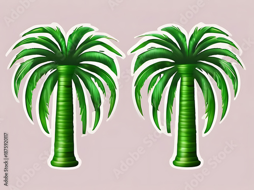 Two vibrant green palm trees stand side by side against a soft pink background