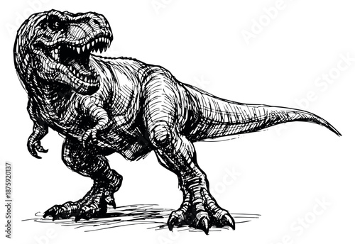 Hand drawn line art illustration of a Tyrannosaurus Rex depicting a fierce roar for prehistoric concepts