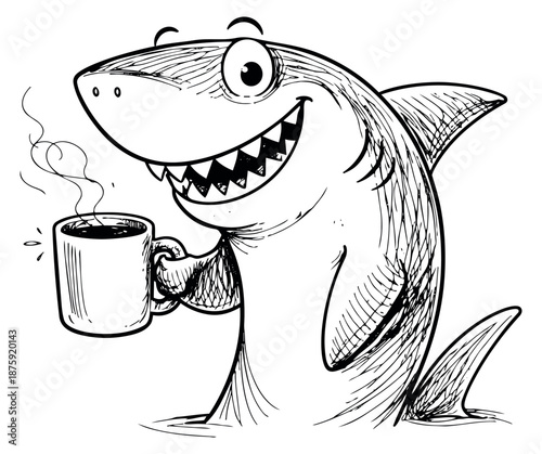 Hand drawn line art illustration of a happy shark depicting holding a coffee mug for morning beverage concepts