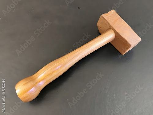 Handcrafted wooden mallet with a smooth handle and a solid block head on a dark surface