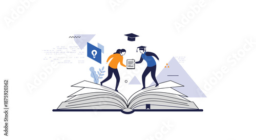 Educational concept illustration with two students standing on an open book exchanging a document beneath a graduation cap and light bulb icons.