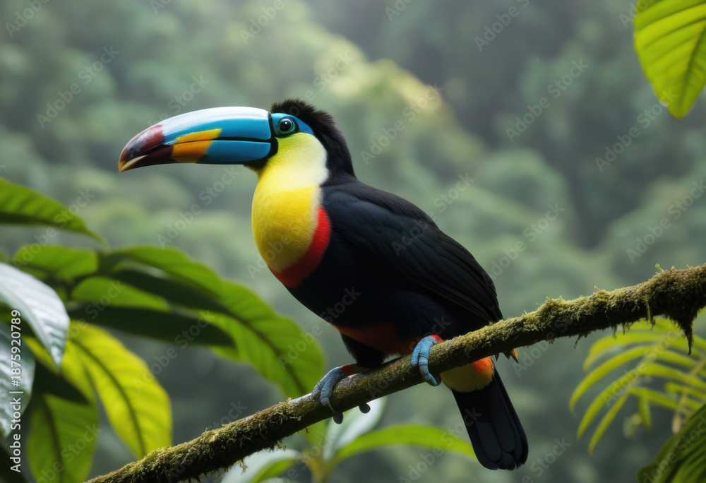 Naklejka premium Colorful Plate-billed Mountain-Toucan perched on branch in forest of Latin America