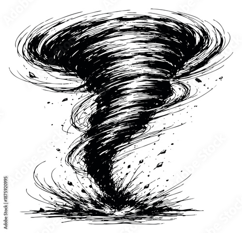 Line art illustration of a tornado depicting destructive power for weather warnings