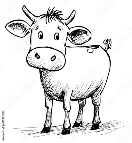 Hand drawn line art illustration of a cow depicting standing for farm animal concepts