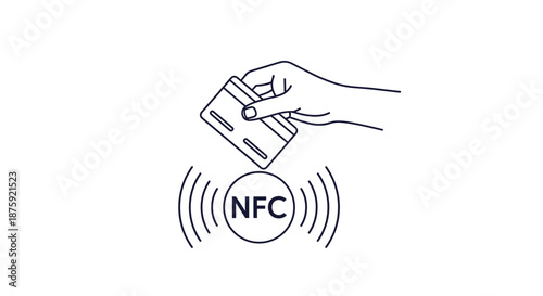 Hand holding a credit card over an nfc contact less payment symbol for modern digital banking illustration.