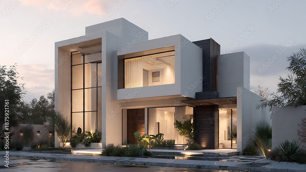 Fototapeta premium A modern house with large windows and well lit interior stands in a serene environment with plants and trees surrounding it