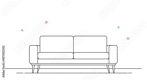 Minimalist line drawing of a modern two-seater sofa with wooden legs and decorative geometric shapes in the background.