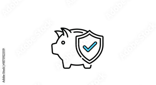 Financial security icon showing a piggy bank protected by a shield with a blue checkmark for savings and insurance themes.