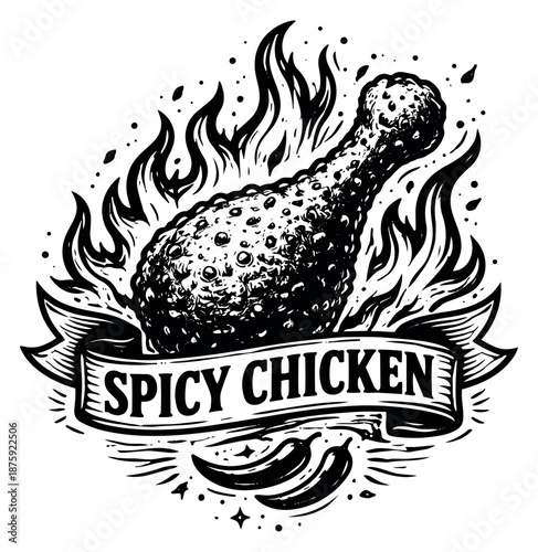 Hand drawn illustration of a spicy fried chicken drumstick depicting burning flames for a hot food menu