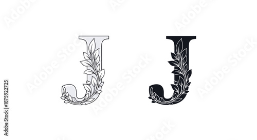 Decorative letter J embellished with delicate floral vine and leaf patterns available in two contrasting color versions.