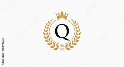 Regal letter Q logo design featuring a golden crown on top and a symmetrical laurel wreath encircling the character.