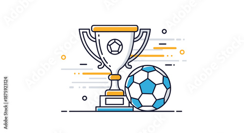 Soccer championship trophy cup next to a classic football ball in a clean modern flat design for sports victory.