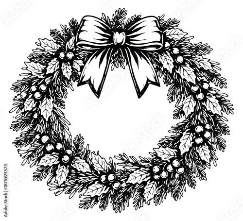 Hand drawn illustration of a Christmas wreath depicting holly, berries, and a bow for winter holidays