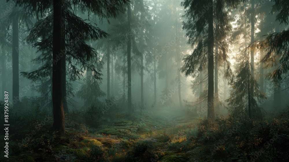 Fototapeta premium Misty forest with sun rays through tall pine trees