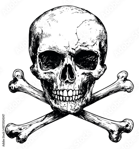 Hand drawn line art illustration of a skull and crossbones depicting a warning symbol for danger or pirate themes