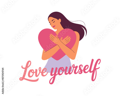 A woman with long dark hair hugging a large pink heart with the words 'Love yourself' written below her.