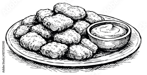 Hand drawn line art illustration of a plate of chicken nuggets with dipping sauce depicting a tasty snack for fast food menus