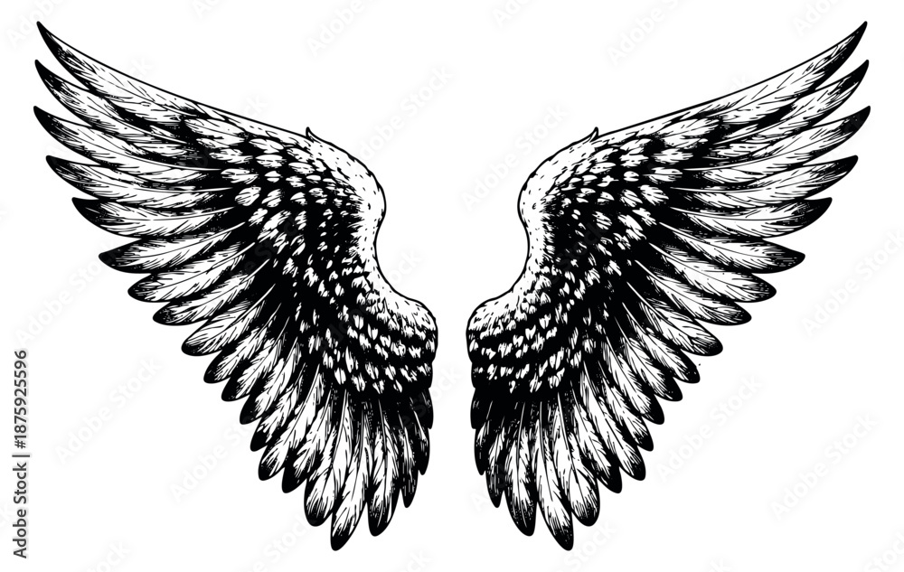 Obraz premium Hand drawn line art illustration of wings depicting freedom for design projects