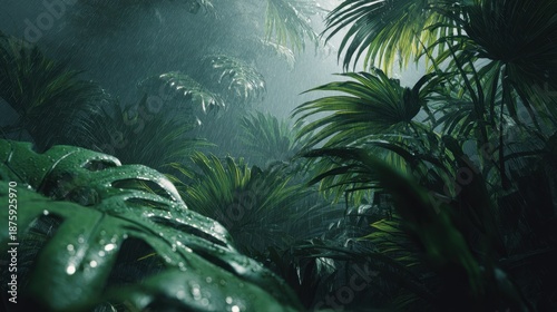 Tropical jungle experiencing heavy rainfall and wet foliage