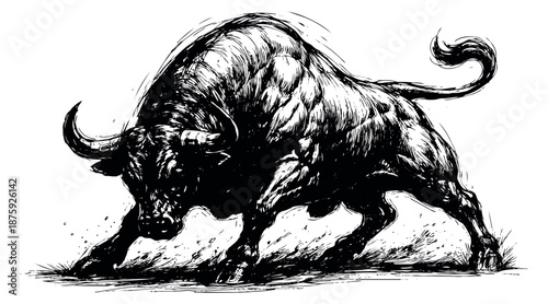 Hand drawn line art illustration of a powerful bull depicting an aggressive charge for financial market themes
