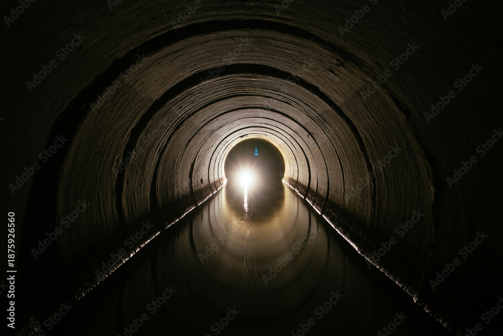 Fototapeta premium Inside dark round underground urban flooded sewer tunnel with water reflection