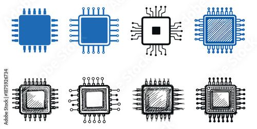 Stylized and hand drawn microchip icon set featuring different integrated circuit designs for technology and computing concepts