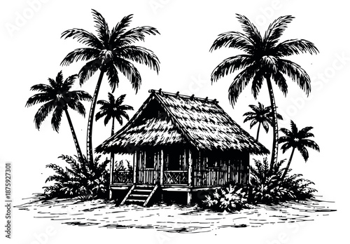 Hand drawn line art illustration of a tropical hut with palm trees depicting a serene island scene for tourism and travel designs