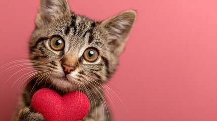 Small brown house cat holds red heart on pink background for Valentine's Day celebration