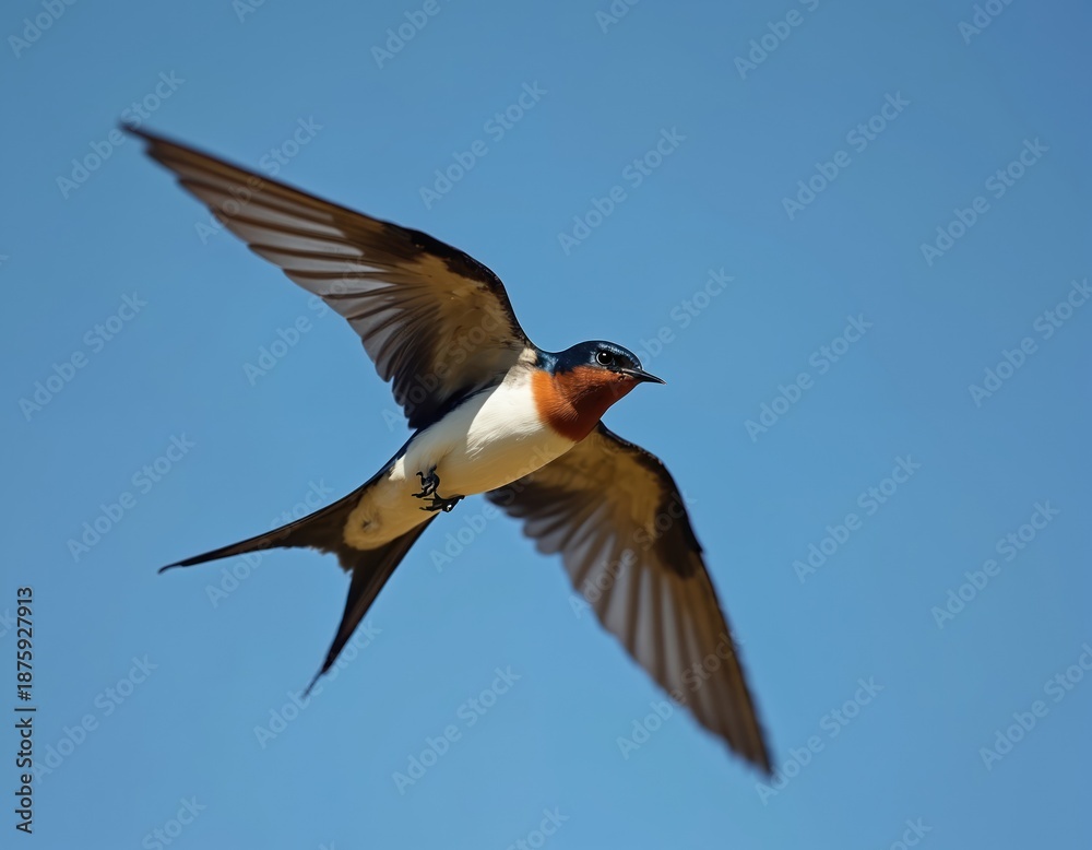 Obraz premium Barn swallow bird flies with wings spread against clear blue sky. Small avian creature soars freely in air during daytime. Wild animal displays natural beauty of flight.