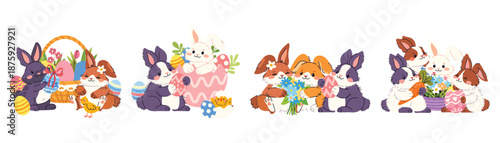 Set of cute different Easter rabbits. Happy and funny bunnies with Easter egg, carrot, flowers. Holiday animal cartoon character. Flat isolated vector illustration on white background. Spring collecti