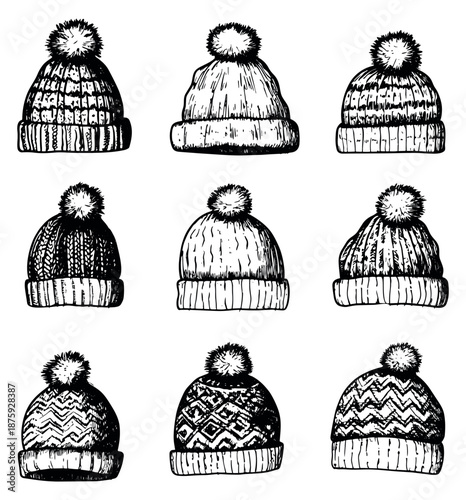 Hand drawn line art winter hats set featuring various knitted designs and pom-poms for cold weather fashion