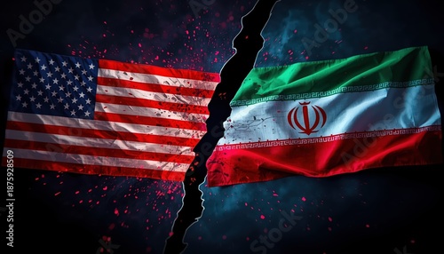 A dramatic image of the American and Iranian flags torn apart in conflict