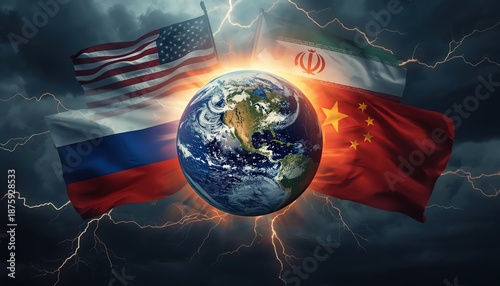 A dramatic image of Earth surrounded by flags of USA, Russia, China, and Iran amidst lightning