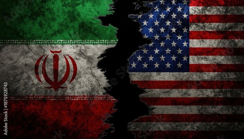 A torn flag of Iran and the United States symbolizing conflict and tension between the two nations