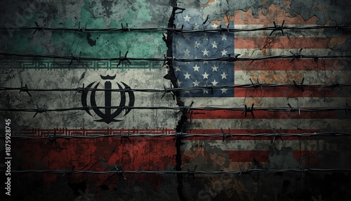 A torn and distressed image of the Iranian and American flags with barbed wire in between