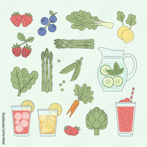 Fresh Fruits, Vegetables, and Drinks - Healthy Lifestyle Elements