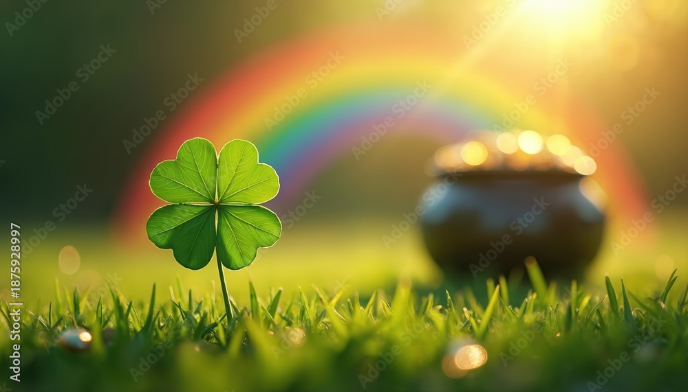 Obraz premium Lucky four leaf clover grows in green grass under a bright rainbow. Pot of gold coins sits in background. Sunny day on spring meadow. Nature, symbol, luck, celebration.