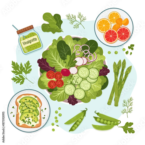 Healthy Fresh Salad Ingredients Flat Lay Top View