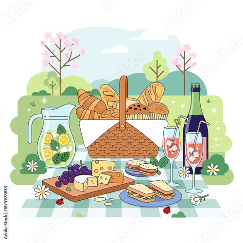 Picnic basket with food, drinks, and cheese in a park during spring