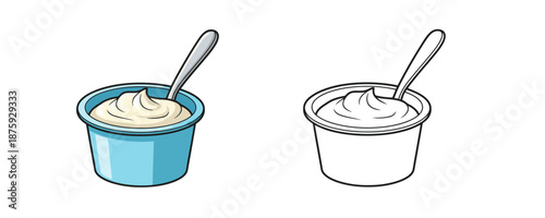 Sour cream in blue plastic cup with spoon in cartoon style white and blue colors creamy dairy product or natural ingredient isolated on white background