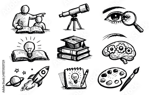 Hand drawn line art education and discovery set featuring learning, ideas, scientific exploration, and art for academic and creative projects