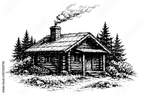 Hand drawn line art illustration of a log cabin depicting smoke rising from its chimney for a rustic wilderness design