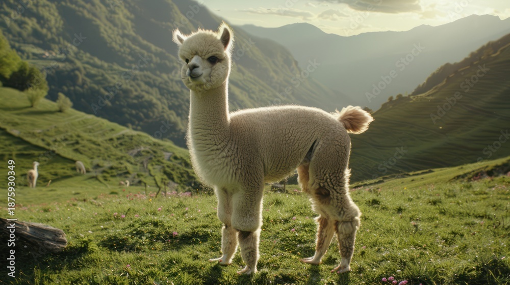 Obraz premium Cute Alpaca Standing in Green Mountain Valley During Sunset