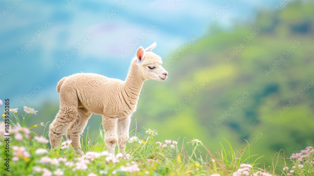 Fototapeta premium Cute Baby Alpaca Standing in Green Meadow with Flowers and Scenic Background
