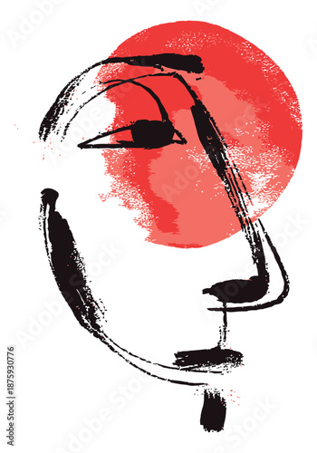 Hand drawn brush stroke illustration of a woman's face depicting a contemplative expression with a red sun for artistic concepts