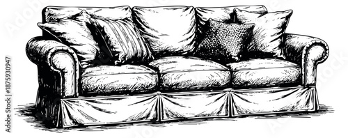 Hand drawn line art illustration of a sofa depicting a comfortable piece of living room furniture for home decor concepts